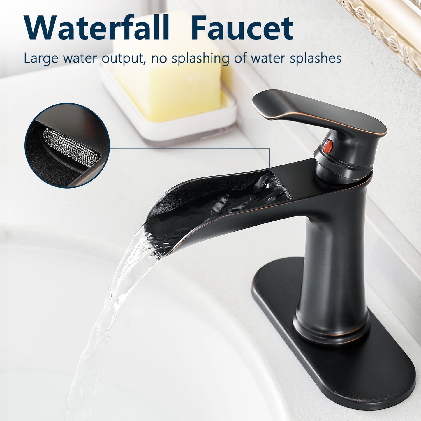 Bathroom Single Hole or Three Hole Waterfall Sink Faucet Oil-Rubbed Bronze Single Handle With Deck Plate W1932P180747