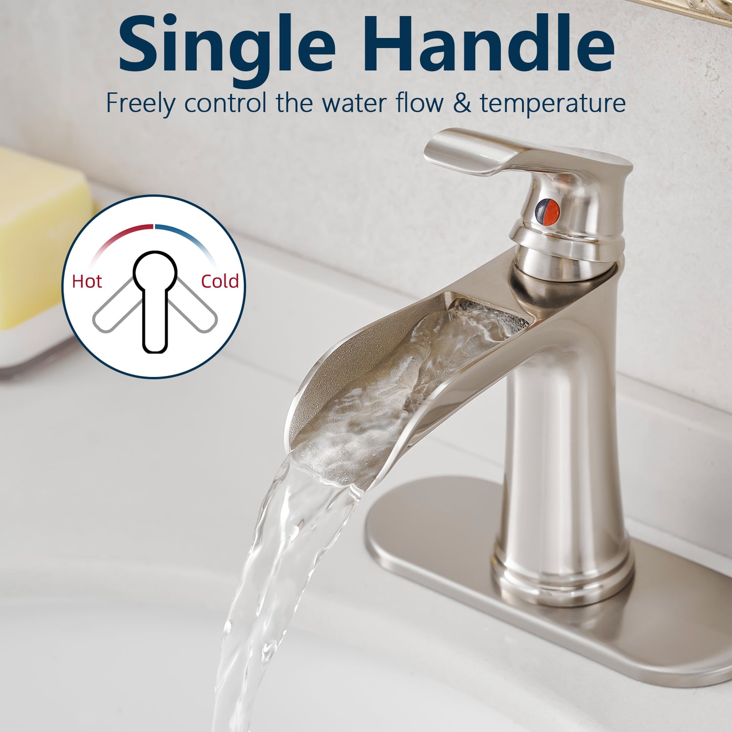 Bathroom Single Hole or Three Hole Waterfall Sink Faucet Brushed Nickel Single Handle With Deck Plate W1932P180746