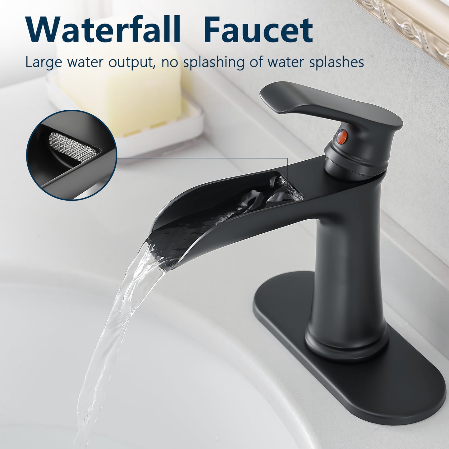 Bathroom Single Hole or Three Hole Waterfall Sink Faucet Matte Black Single Handle With Deck Plate W1932P180739