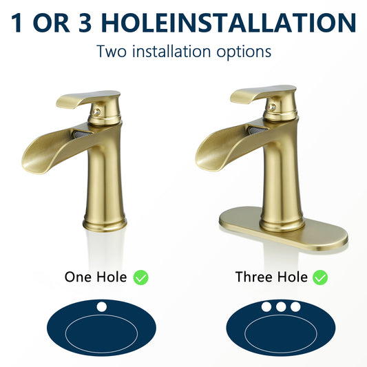 Bathroom Single Hole or Three Hole Waterfall Sink Faucet Gold Single Handle With Deck Plate W1932P180751