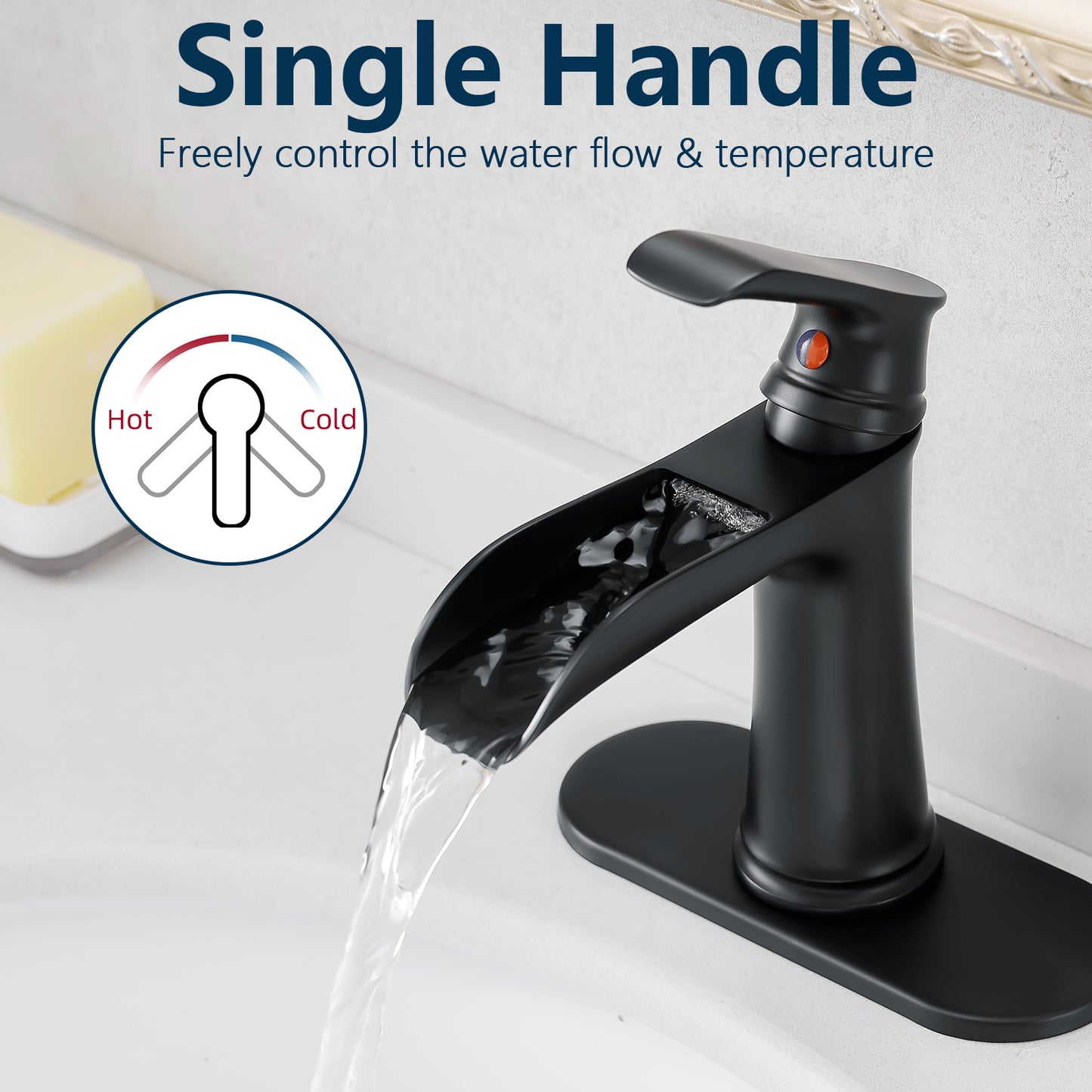 Bathroom Single Hole or Three Hole Waterfall Sink Faucet Matte Black Single Handle With Deck Plate W1932P180739