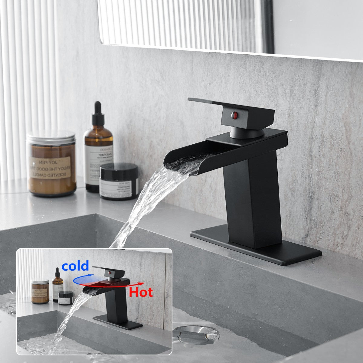 Bathroom Single Hole Sink Waterfall Faucet Matte Black Single Handle With Deck Plate W1932P181174