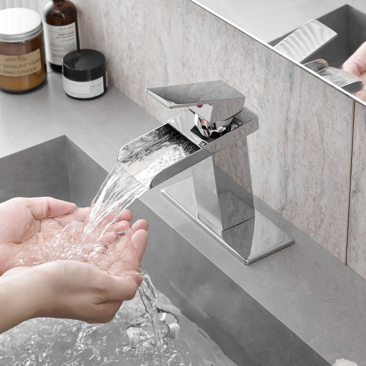 Bathroom Single Hole Sink Waterfall Faucet Chrome Single Handle With Deck Plate W1932P181205