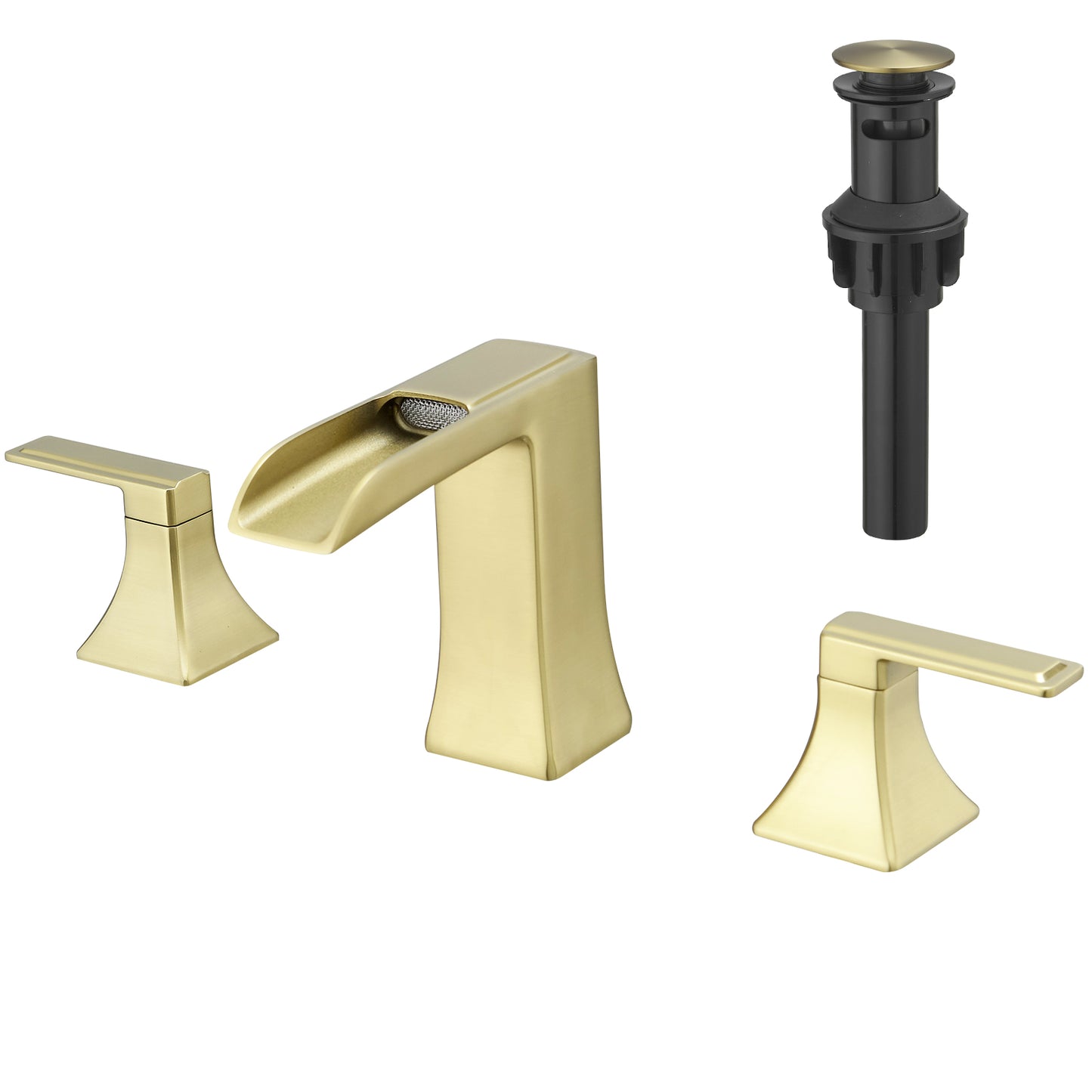 Bathroom Widespread Three Hole Waterfall Sink Faucet Brushed Gold Two Handles With Pop-up Drain Square W1932P181974