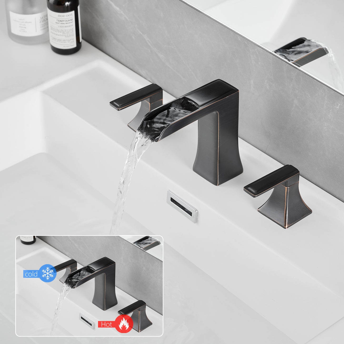 Bathroom Widespread Three Hole Waterfall Sink Faucet Oil-Rubbed Bronze Two Handles With Pop-up Drain Square W1932P181982