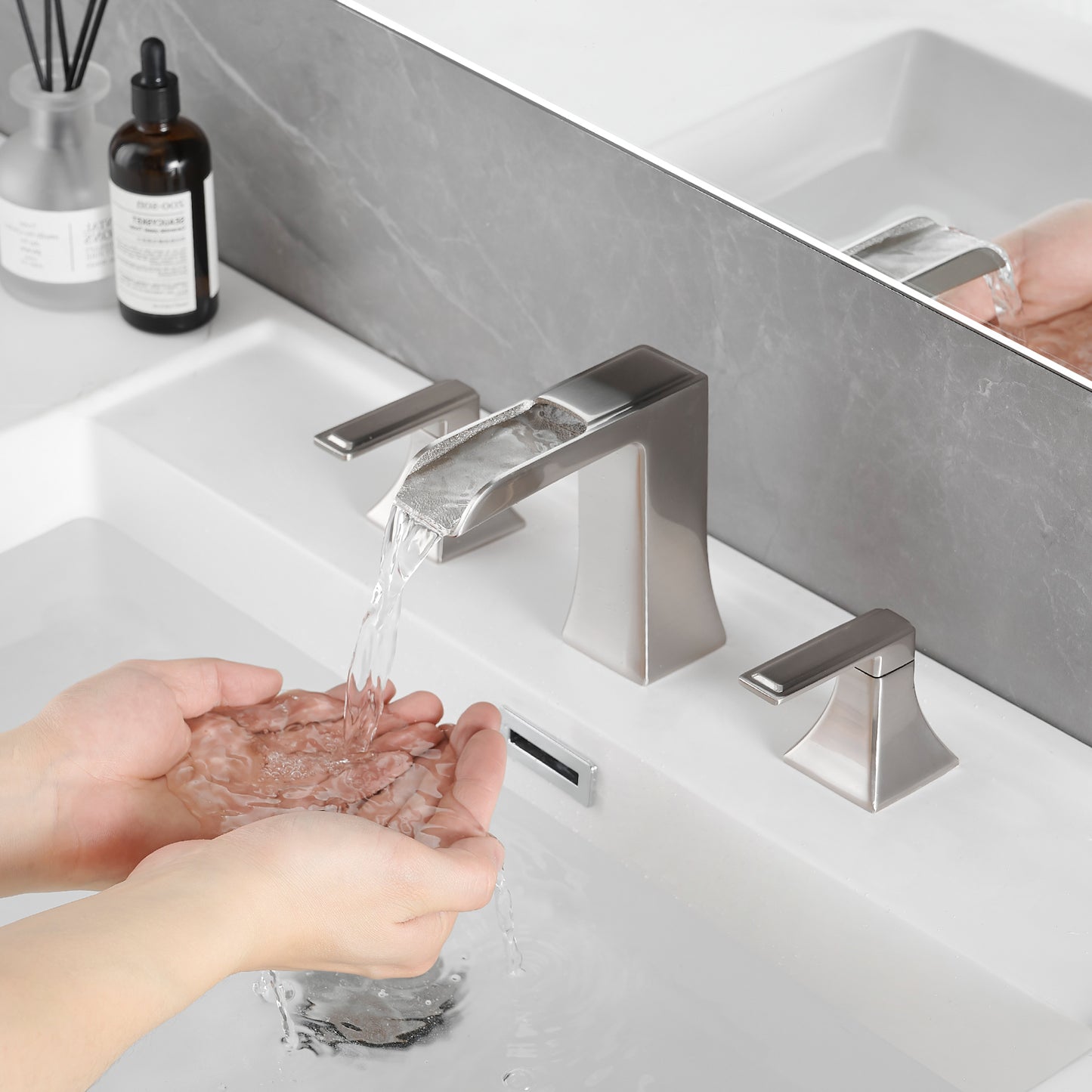 Bathroom Widespread Three Hole Waterfall Sink Faucet Brushed Nickel Two Handles With Pop-up Drain Square W1932P182001