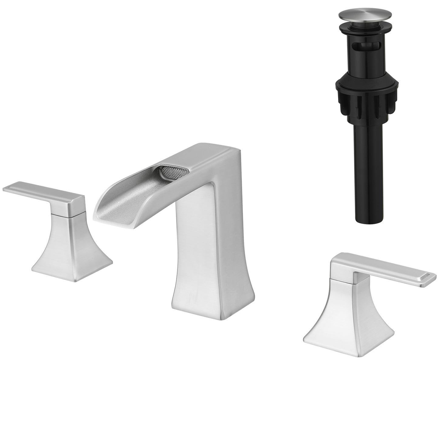 Bathroom Widespread Three Hole Waterfall Sink Faucet Brushed Nickel Two Handles With Pop-up Drain Square W1932P182001
