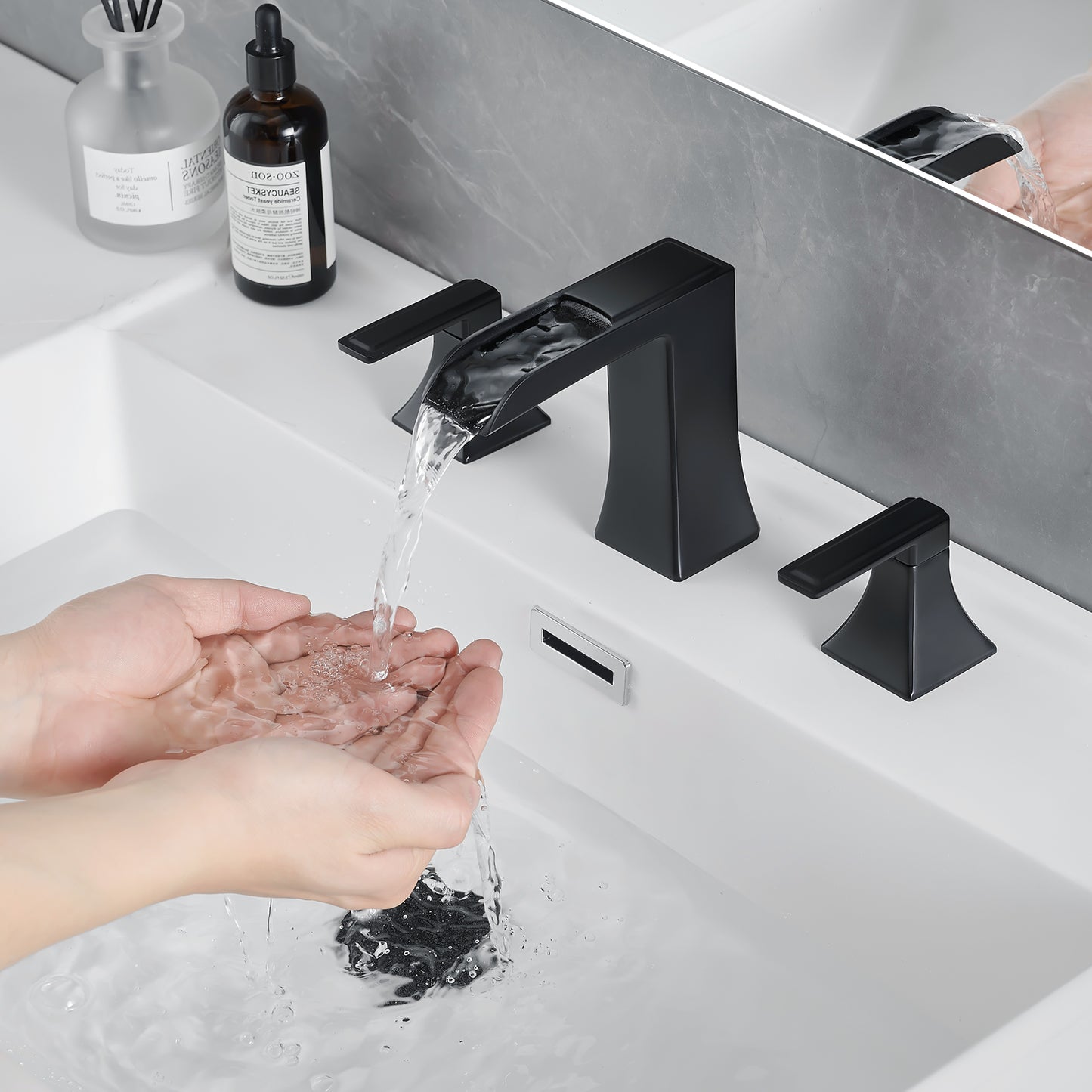 Bathroom Widespread Three Hole Waterfall Sink Faucet Matte Black Two Handles With Pop-up Drain Square W1932P181996