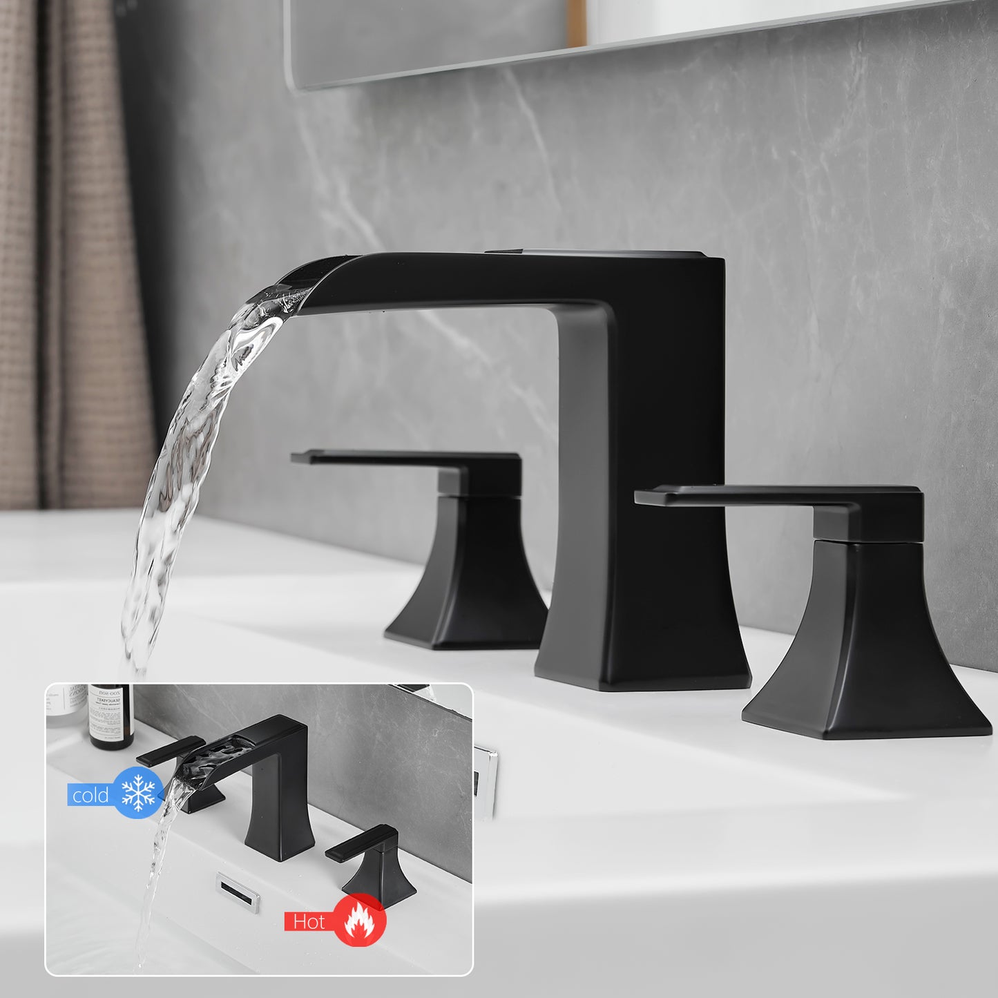 Bathroom Widespread Three Hole Waterfall Sink Faucet Matte Black Two Handles With Pop-up Drain Square W1932P181996
