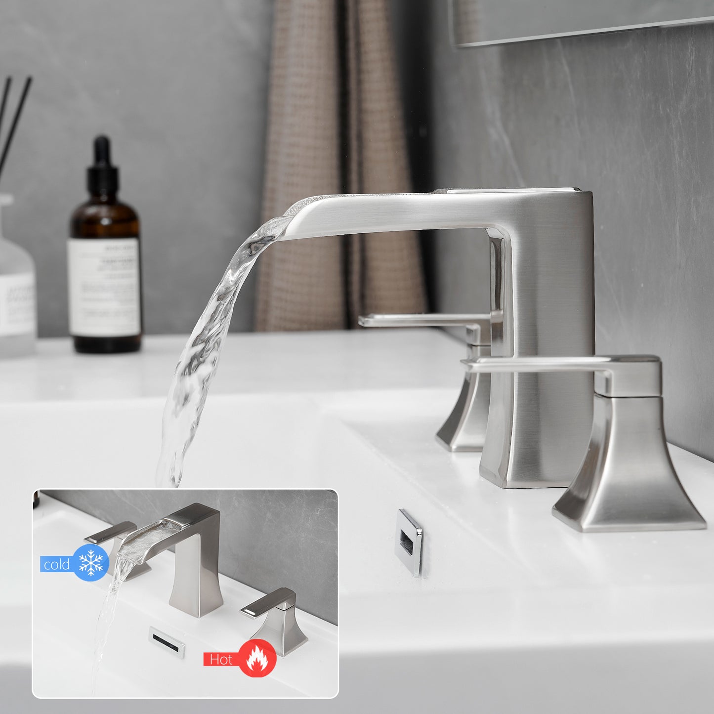 Bathroom Widespread Three Hole Waterfall Sink Faucet Brushed Nickel Two Handles With Pop-up Drain Square W1932P182001