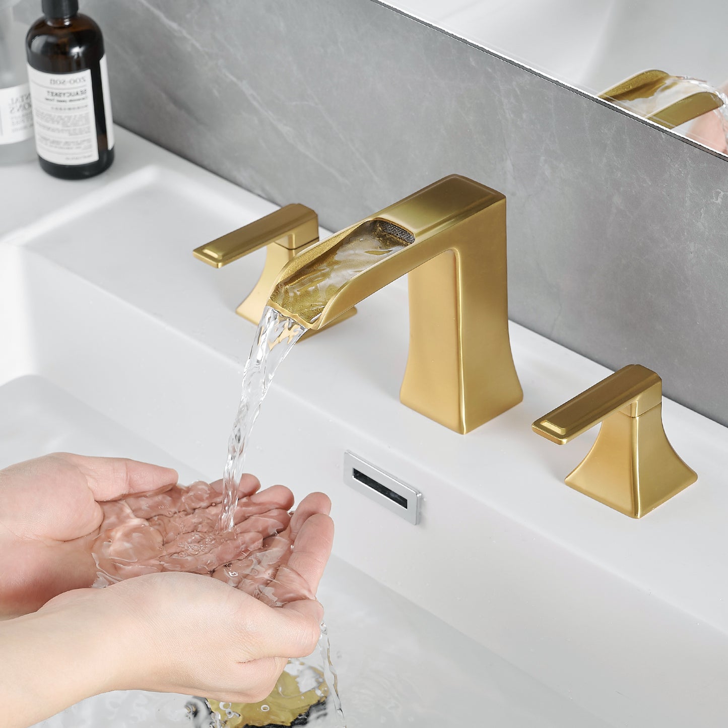 Bathroom Widespread Three Hole Waterfall Sink Faucet Brushed Gold Two Handles With Pop-up Drain Square W1932P181974