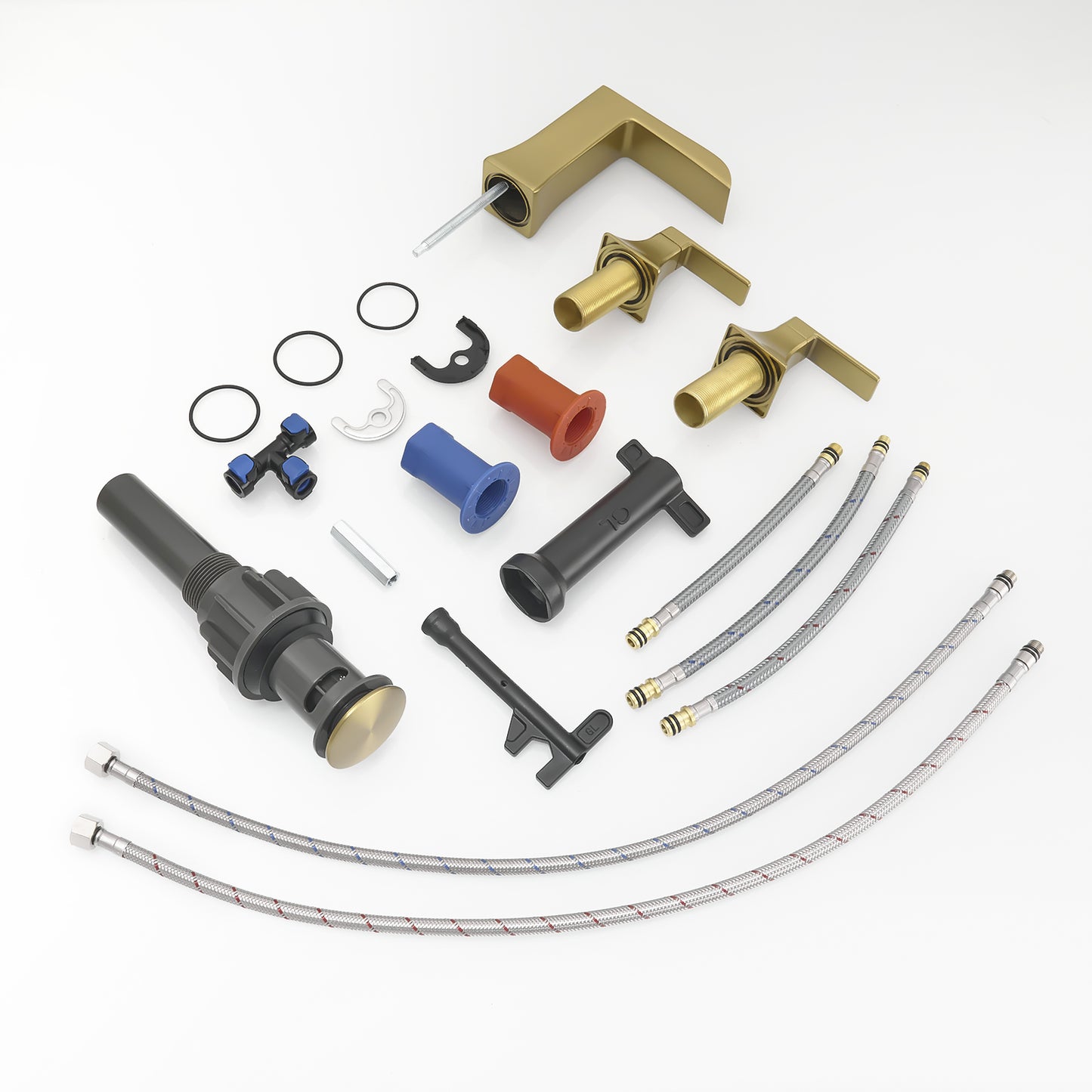 Bathroom Widespread Three Hole Waterfall Sink Faucet Brushed Gold Two Handles With Pop-up Drain Square W1932P181974