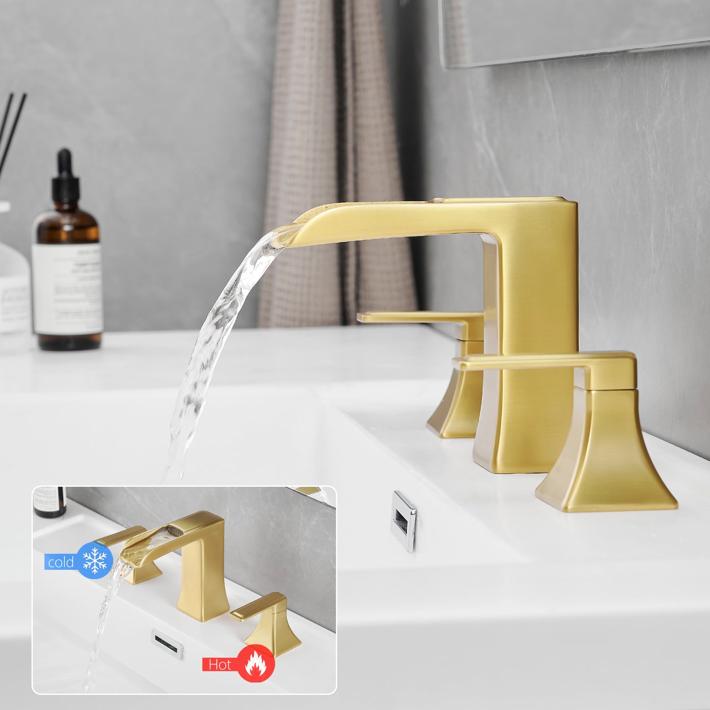 Bathroom Widespread Three Hole Waterfall Sink Faucet Brushed Gold Two Handles With Pop-up Drain Square W1932P181974