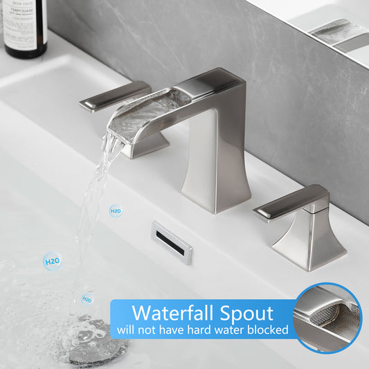 8 Inch Widespread Waterfall Bathroom Faucet Brushed Nickel, Modern 3 Hole Two Handle Vanity Sink Faucet with Pop-Up Drain, Solid Brass Bathroom Faucet for Bathroom Lavatory