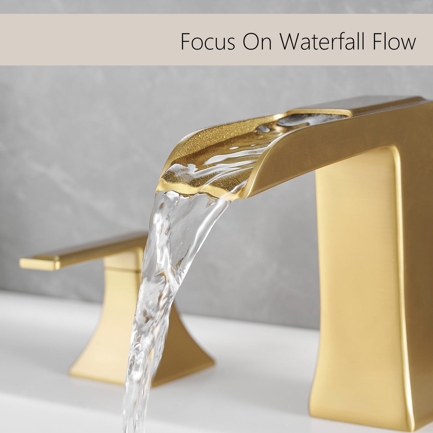 Bathroom Widespread Three Hole Waterfall Sink Faucet Brushed Gold Two Handles With Pop-up Drain Square W1932P181974