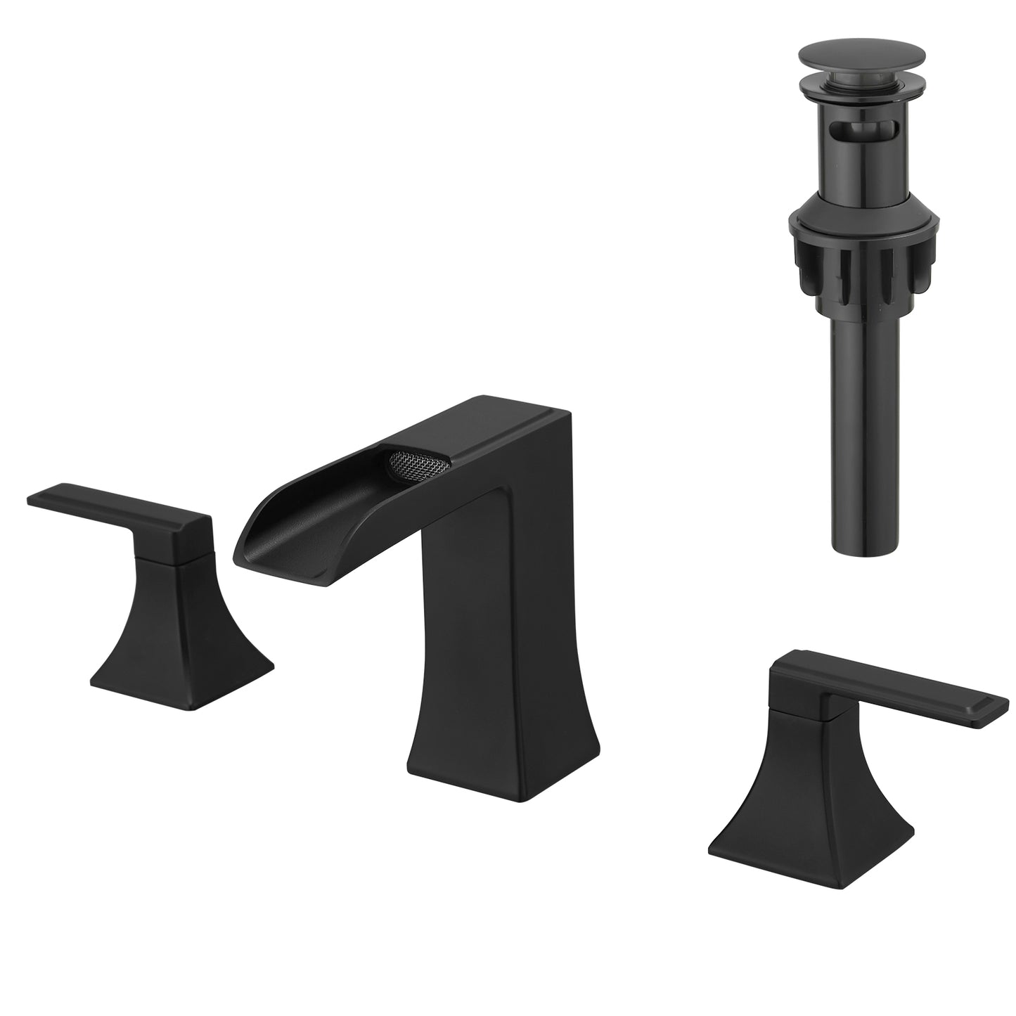 Bathroom Widespread Three Hole Waterfall Sink Faucet Matte Black Two Handles With Pop-up Drain Square W1932P181996