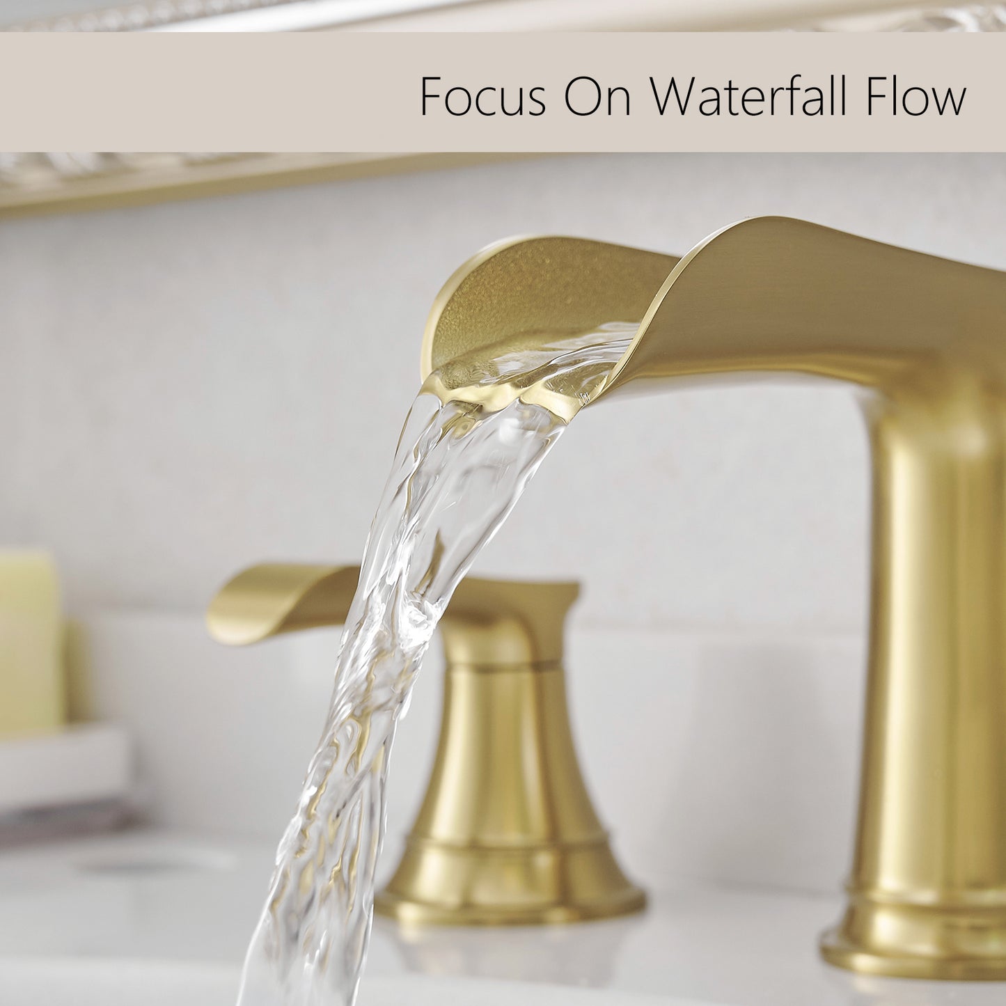 Bathroom Widespread Three Hole Waterfall Sink Faucet Brushed Gold Two Handles With Pop-up Drain Round W1932P182995