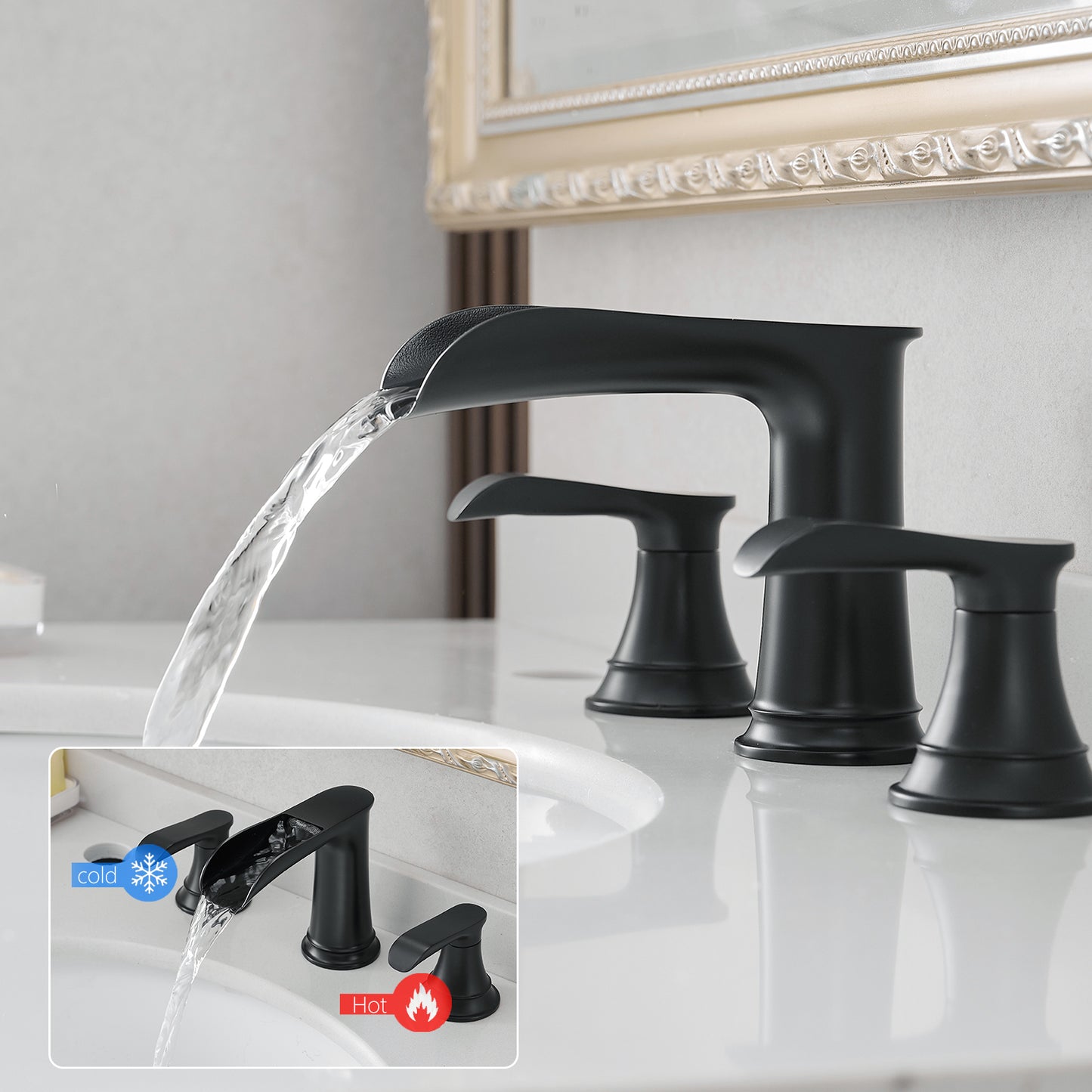 Bathroom Widespread Three Hole Waterfall Sink Faucet Matte Black Two Handles With Pop-up Drain Round W1932P182993