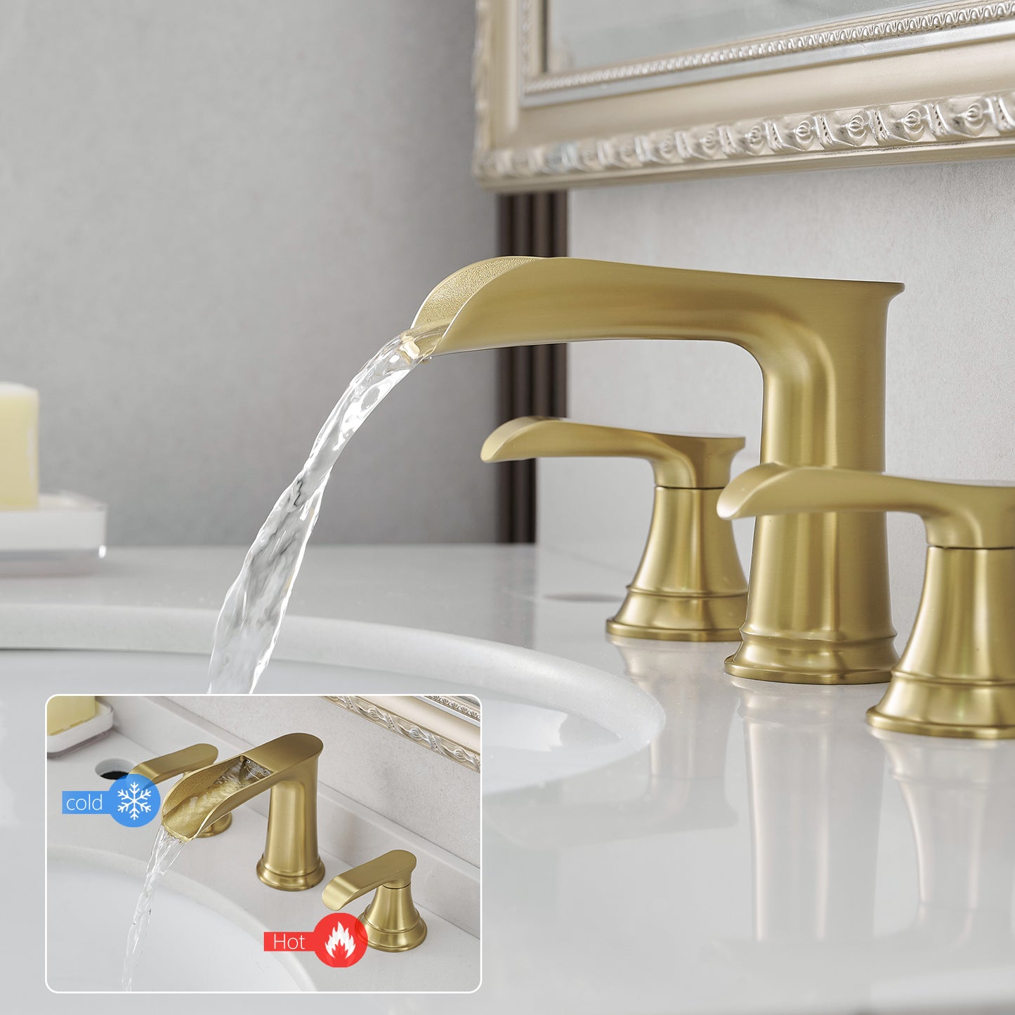 Bathroom Widespread Three Hole Waterfall Sink Faucet Brushed Gold Two Handles With Pop-up Drain Round W1932P182995