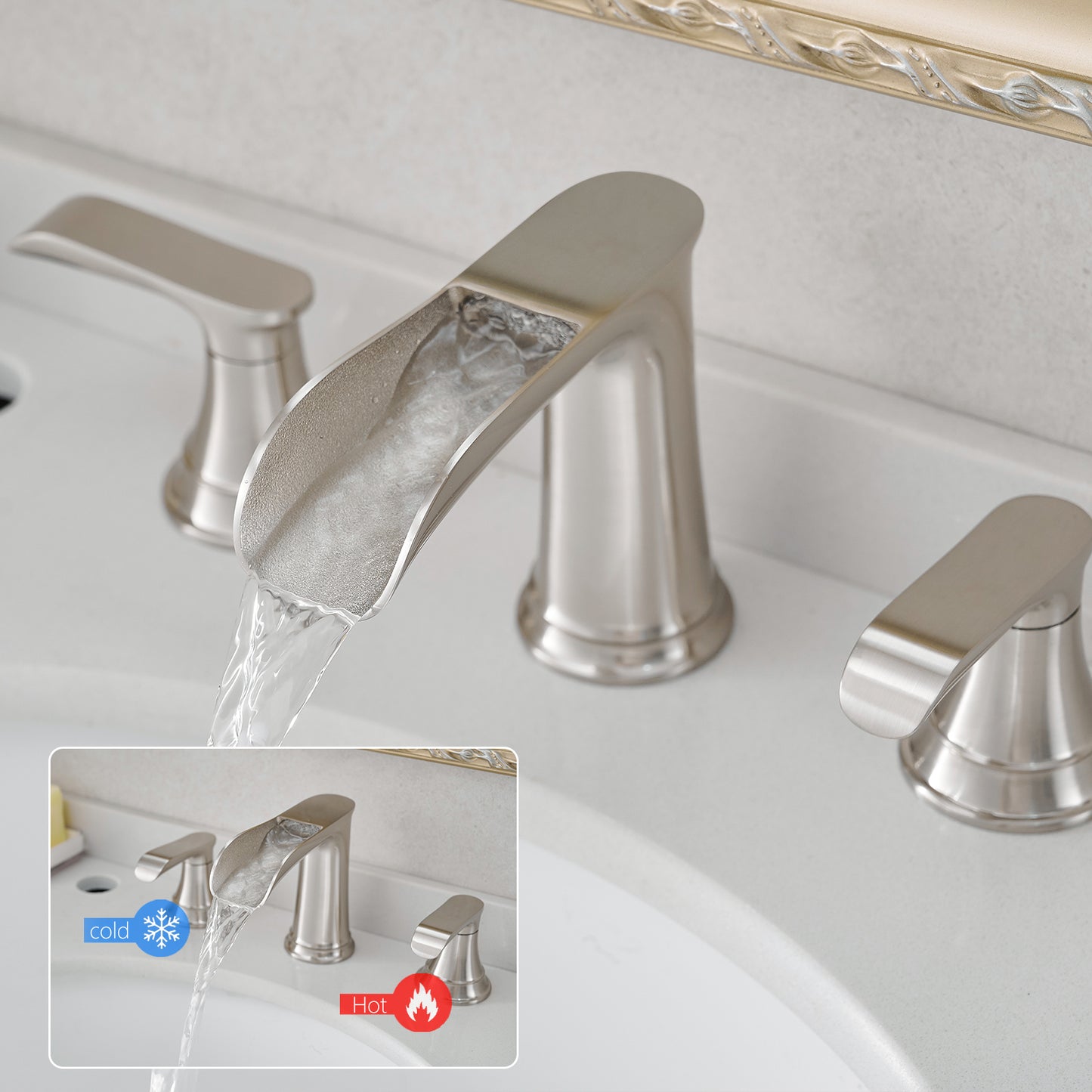 Bathroom Widespread Three Hole Waterfall Sink Faucet Brushed Nickel Two Handles With Pop-up Drain Round W1932P182000