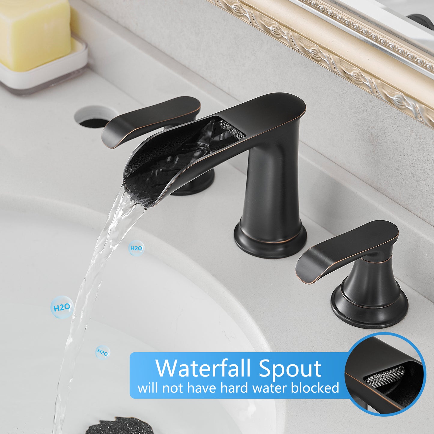 Bathroom Widespread Three Hole Waterfall Sink Faucet Oil-Rubbed Bronze Two Handles With Pop-up Drain Round W1932P182994