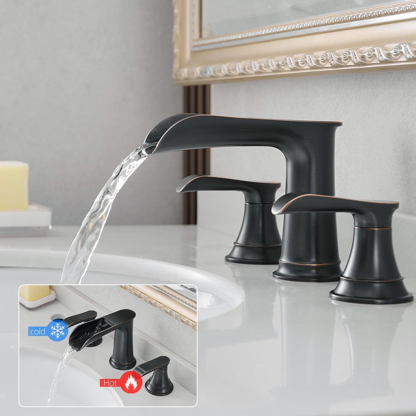 Bathroom Widespread Three Hole Waterfall Sink Faucet Oil-Rubbed Bronze Two Handles With Pop-up Drain Round W1932P182994