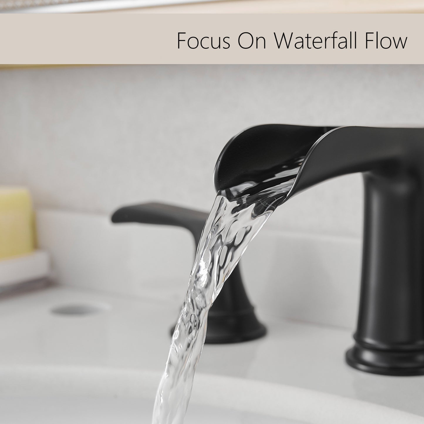 Bathroom Widespread Three Hole Waterfall Sink Faucet Matte Black Two Handles With Pop-up Drain Round W1932P182993