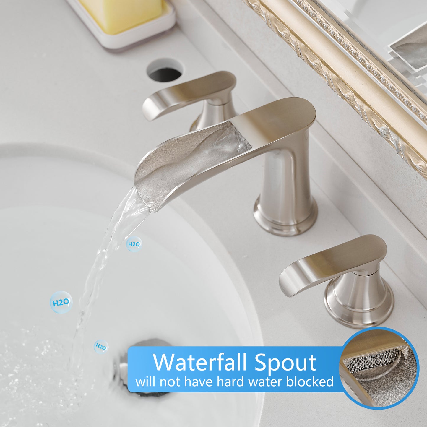 Bathroom Widespread Three Hole Waterfall Sink Faucet Brushed Nickel Two Handles With Pop-up Drain Round W1932P182000