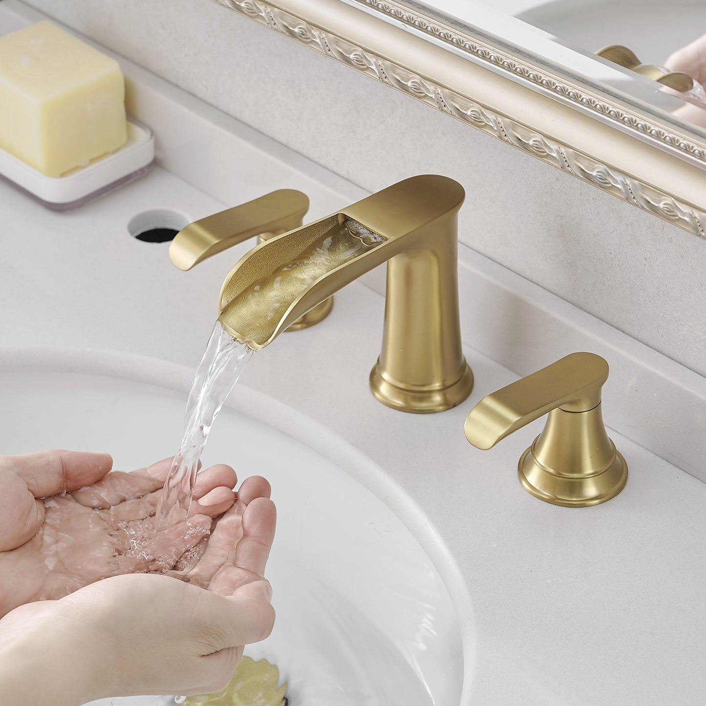 Bathroom Widespread Three Hole Waterfall Sink Faucet Brushed Gold Two Handles With Pop-up Drain Round W1932P182995