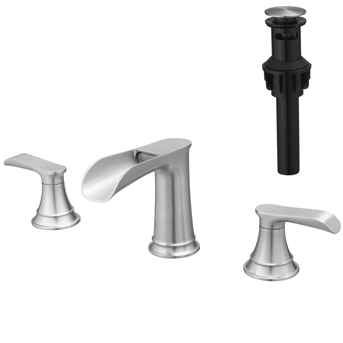 Bathroom Widespread Three Hole Waterfall Sink Faucet Brushed Nickel Two Handles With Pop-up Drain Round W1932P182000