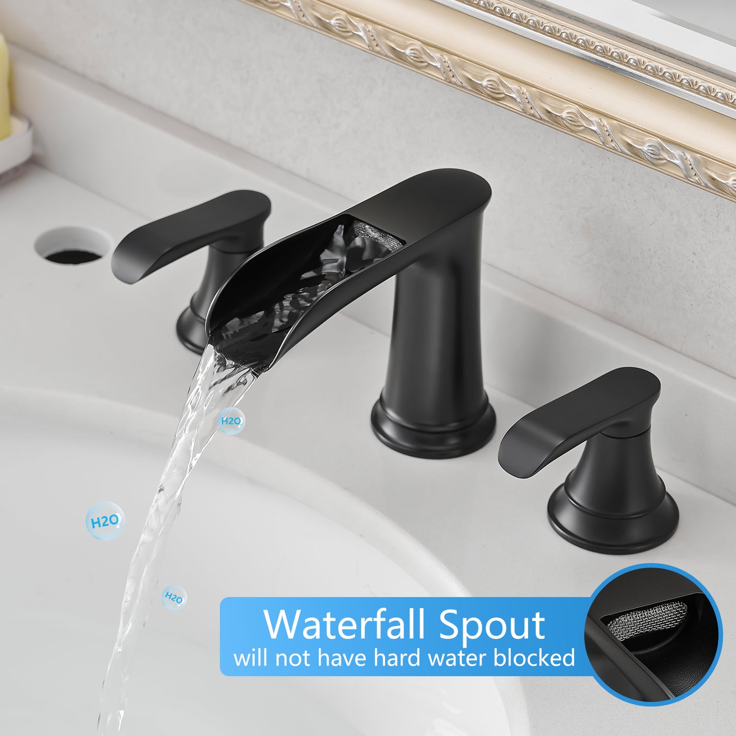 Bathroom Widespread Three Hole Waterfall Sink Faucet Matte Black Two Handles With Pop-up Drain Round W1932P182993