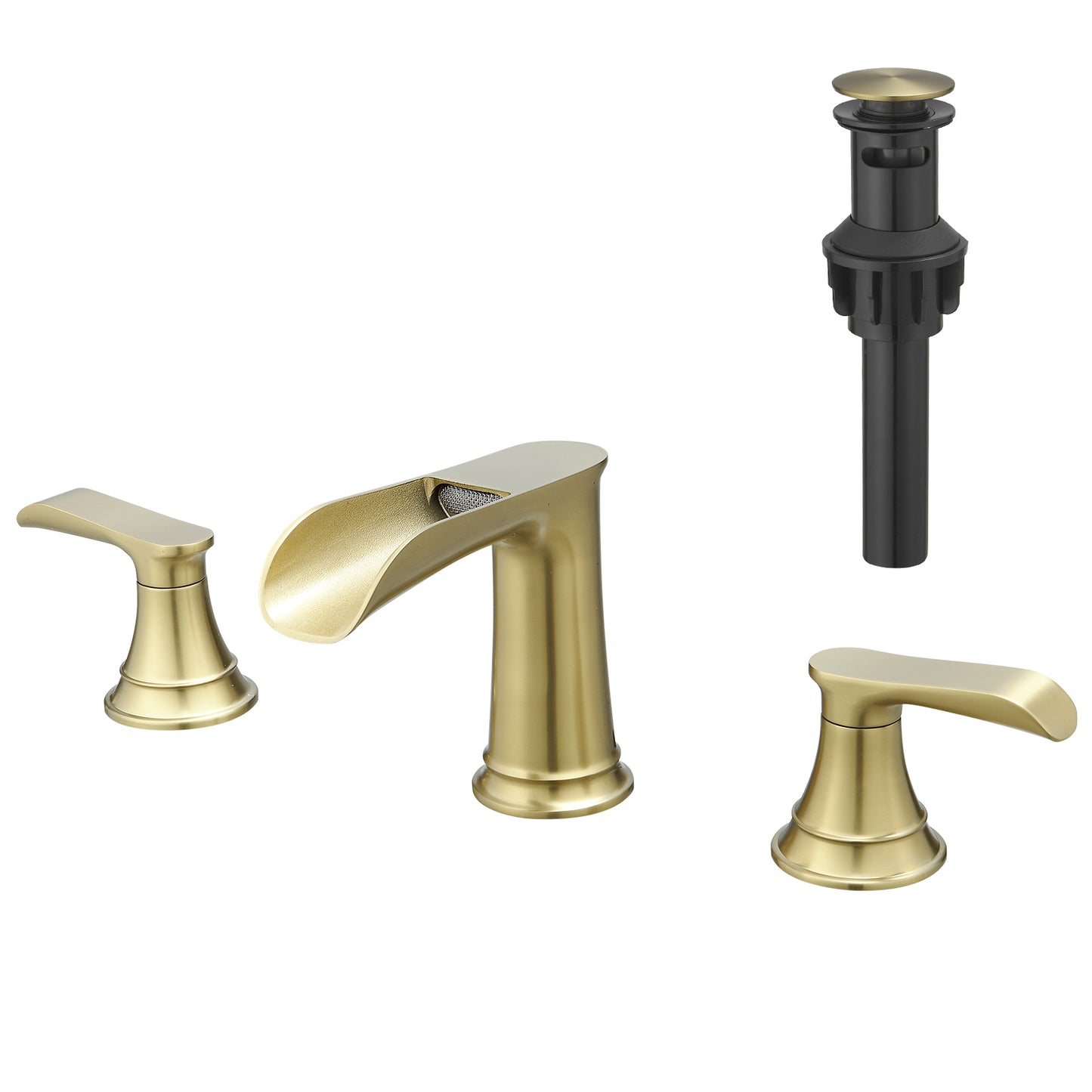 Bathroom Widespread Three Hole Waterfall Sink Faucet Brushed Gold Two Handles With Pop-up Drain Round W1932P182995