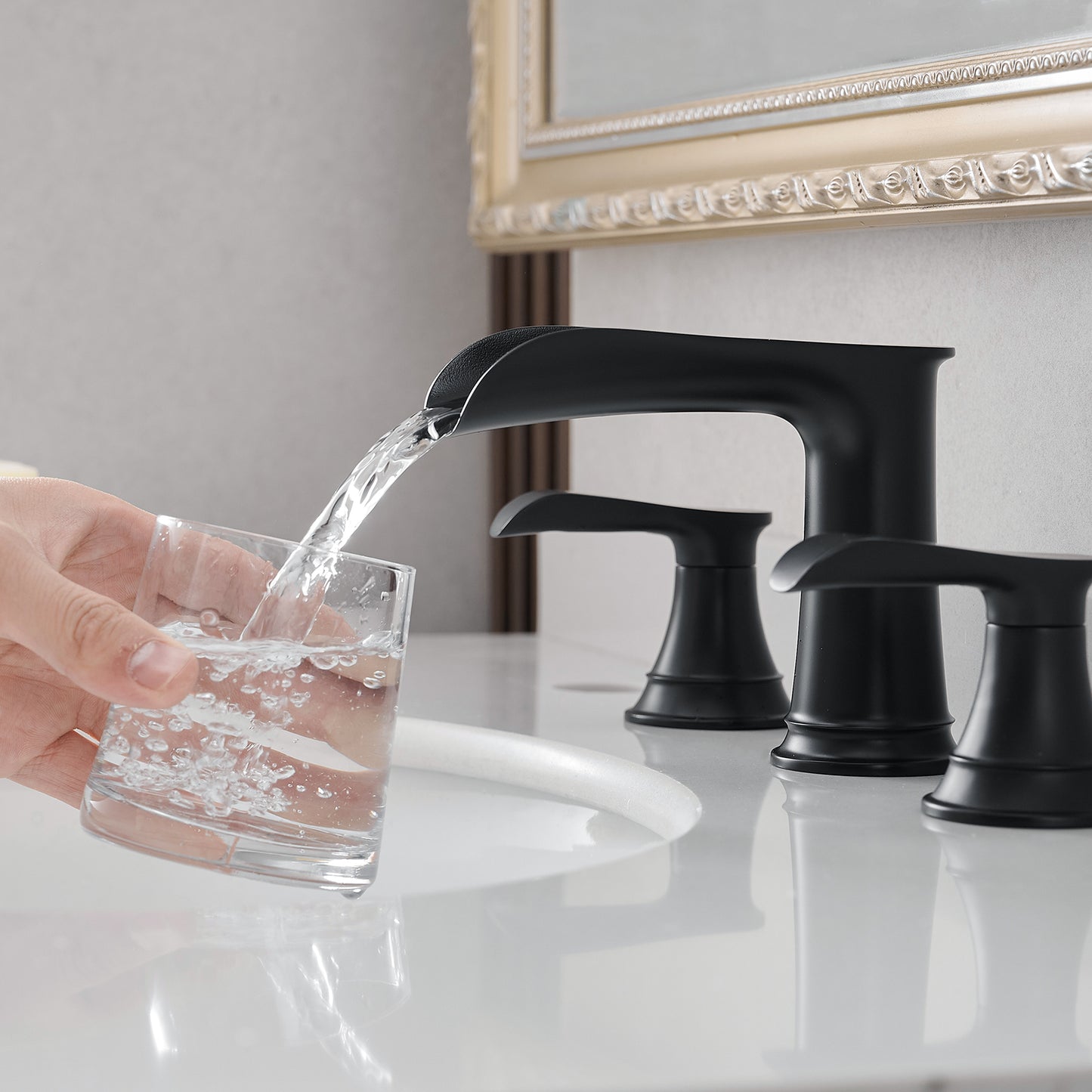 Bathroom Widespread Three Hole Waterfall Sink Faucet Matte Black Two Handles With Pop-up Drain Round W1932P182993