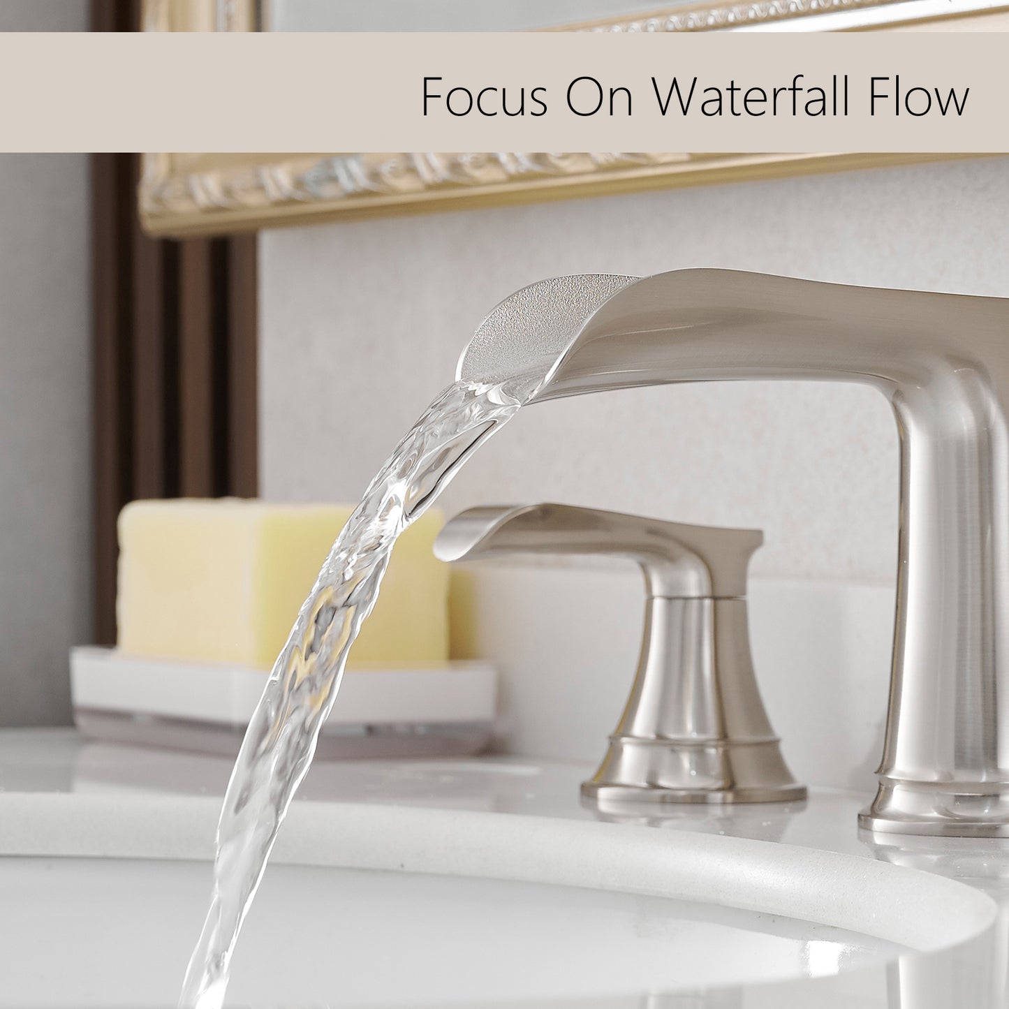 Bathroom Widespread Three Hole Waterfall Sink Faucet Brushed Nickel Two Handles With Pop-up Drain Round W1932P182000