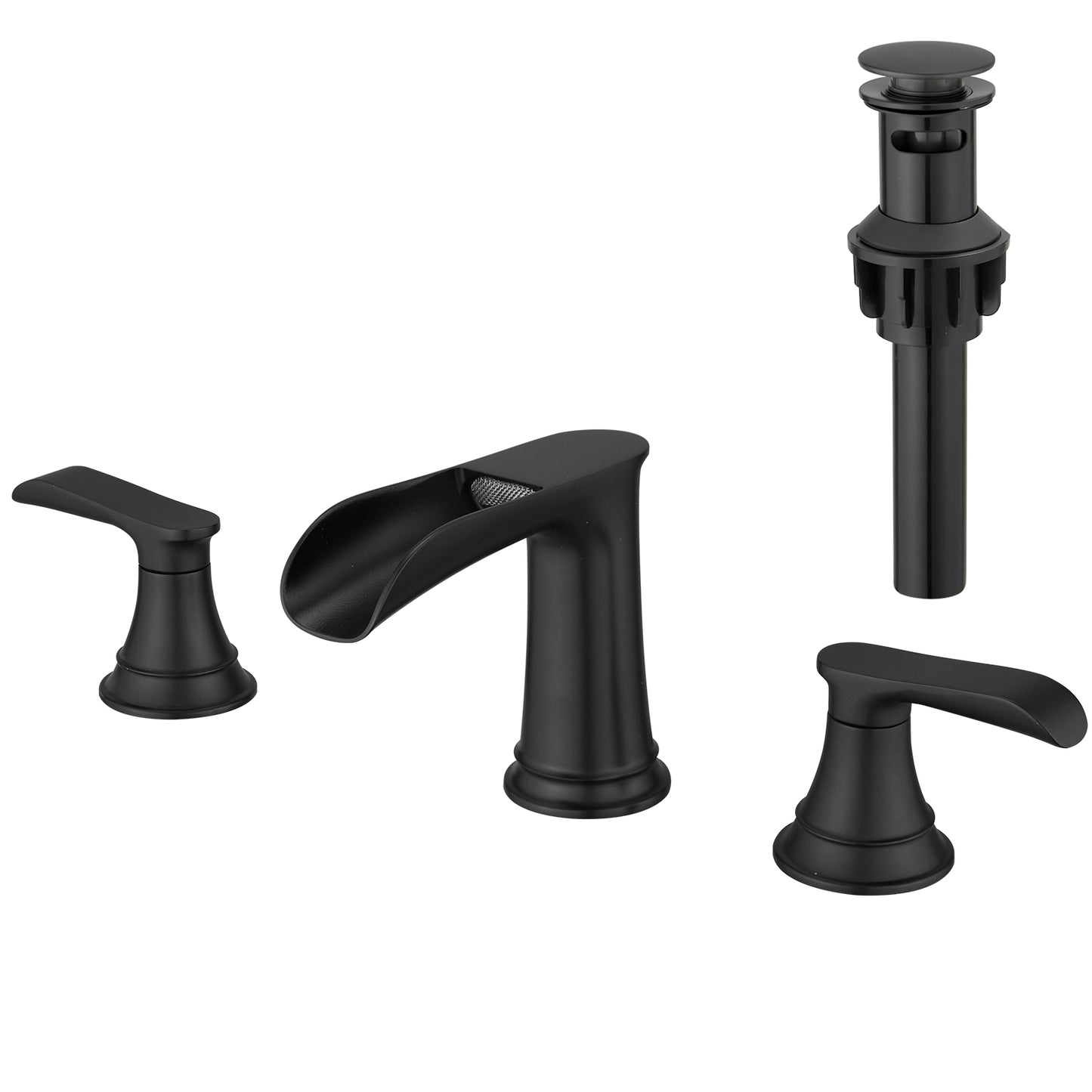 Bathroom Widespread Three Hole Waterfall Sink Faucet Matte Black Two Handles With Pop-up Drain Round W1932P182993