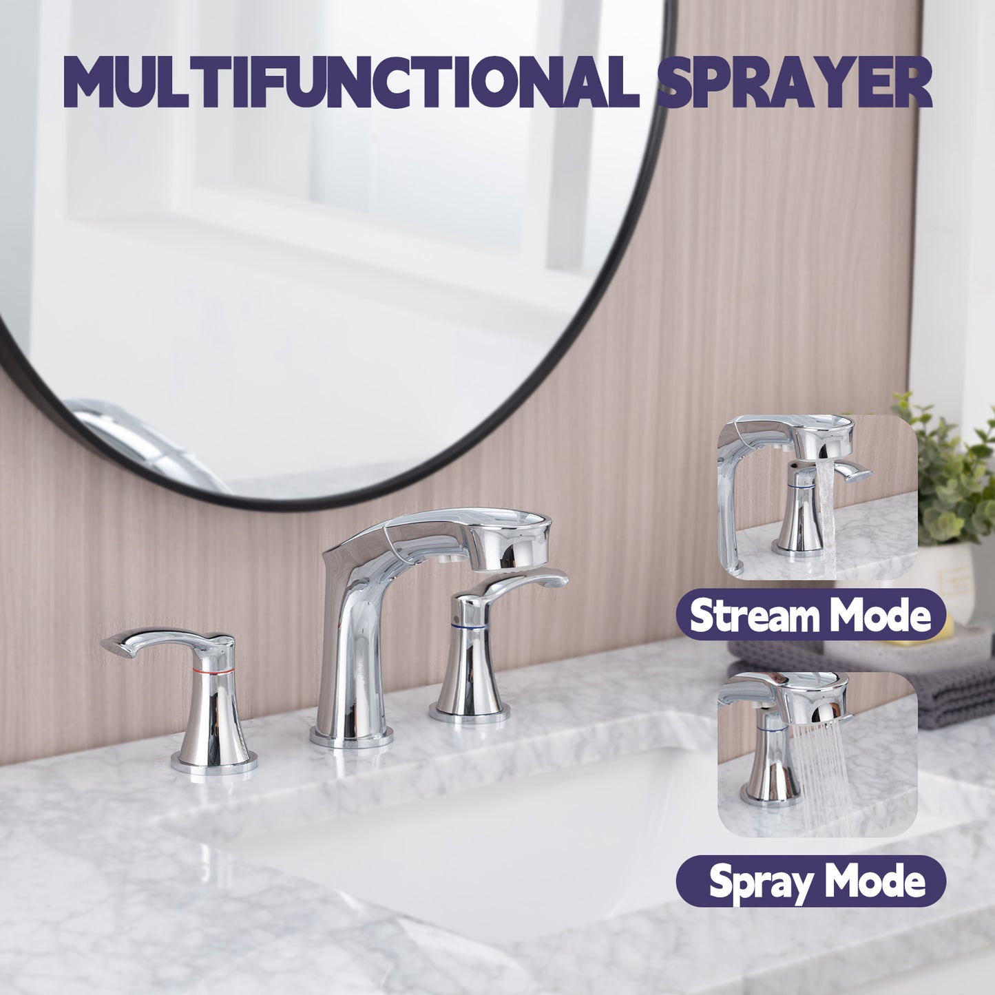 Bathroom Widespread Three Hole Pull-out Sink Faucet Chrome Two Handles With Pop-up Drain W1224P184845