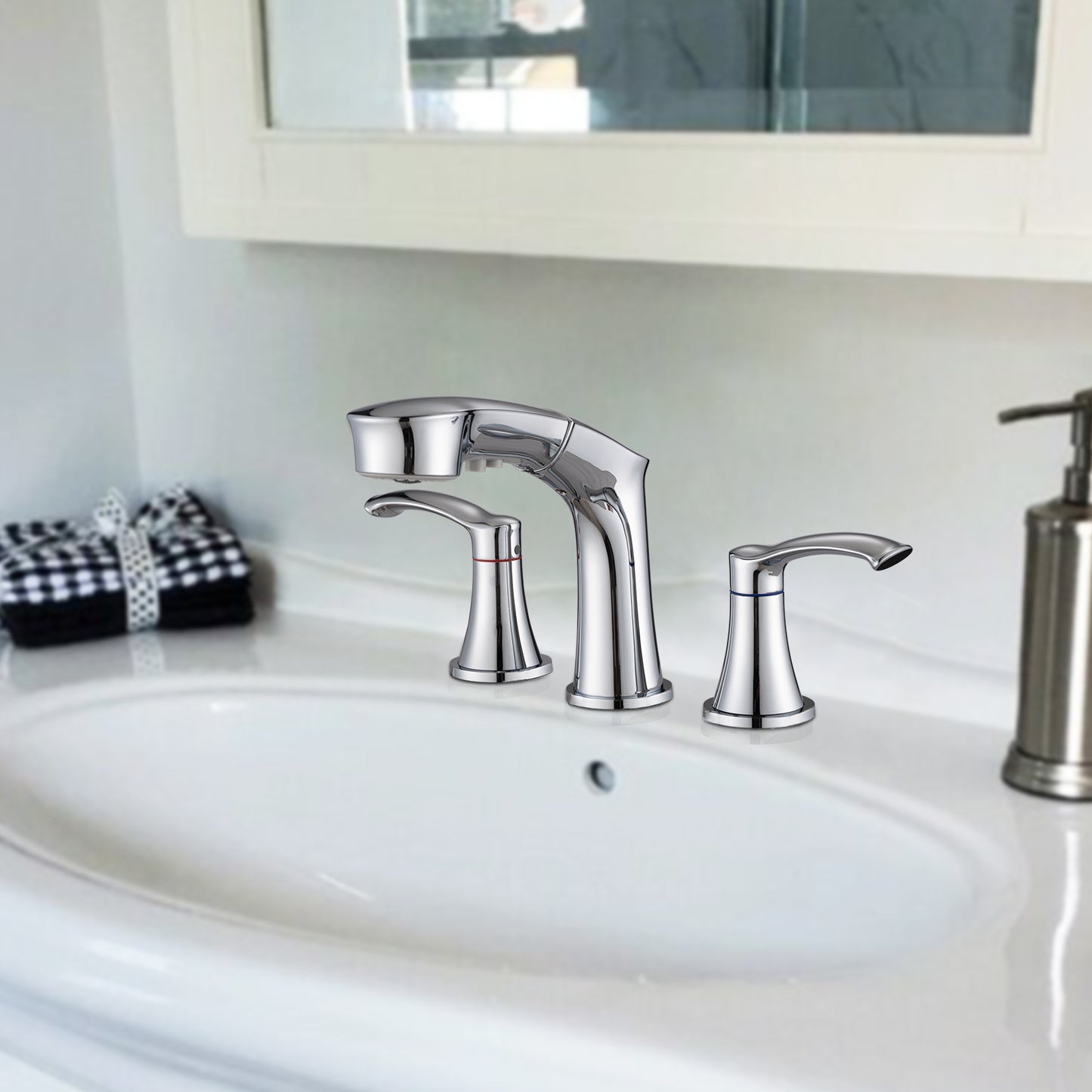Bathroom Widespread Three Hole Pull-out Sink Faucet Chrome Two Handles With Pop-up Drain W1224P184845