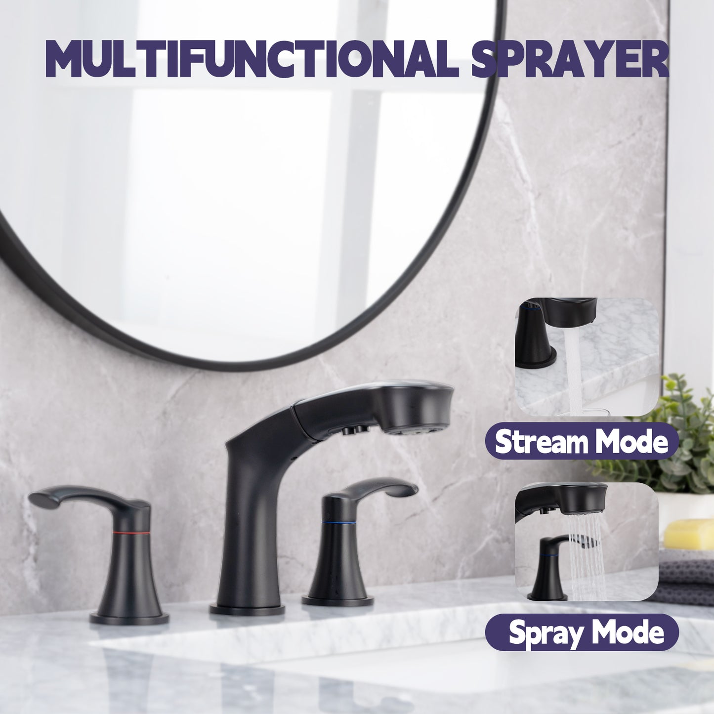 Bathroom Widespread Three Hole Pull-out Sink Faucet Matte Black Two Handles With Pop-up Drain W1224P185045