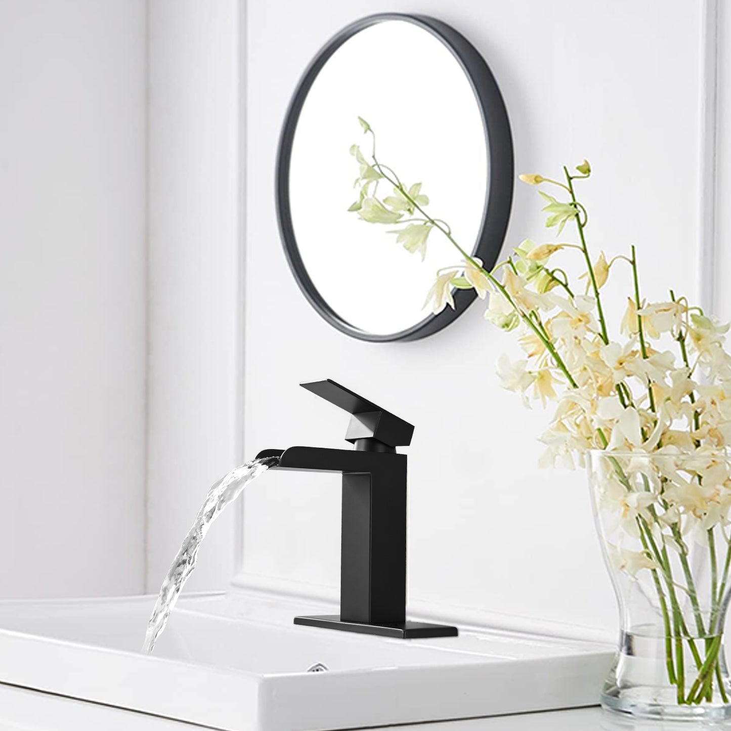 Bathroom Single Hole Three Hole Waterfall Sink Faucet Matte Black Single Handle with Deck Plate and Pop-up Drain W1224P224285