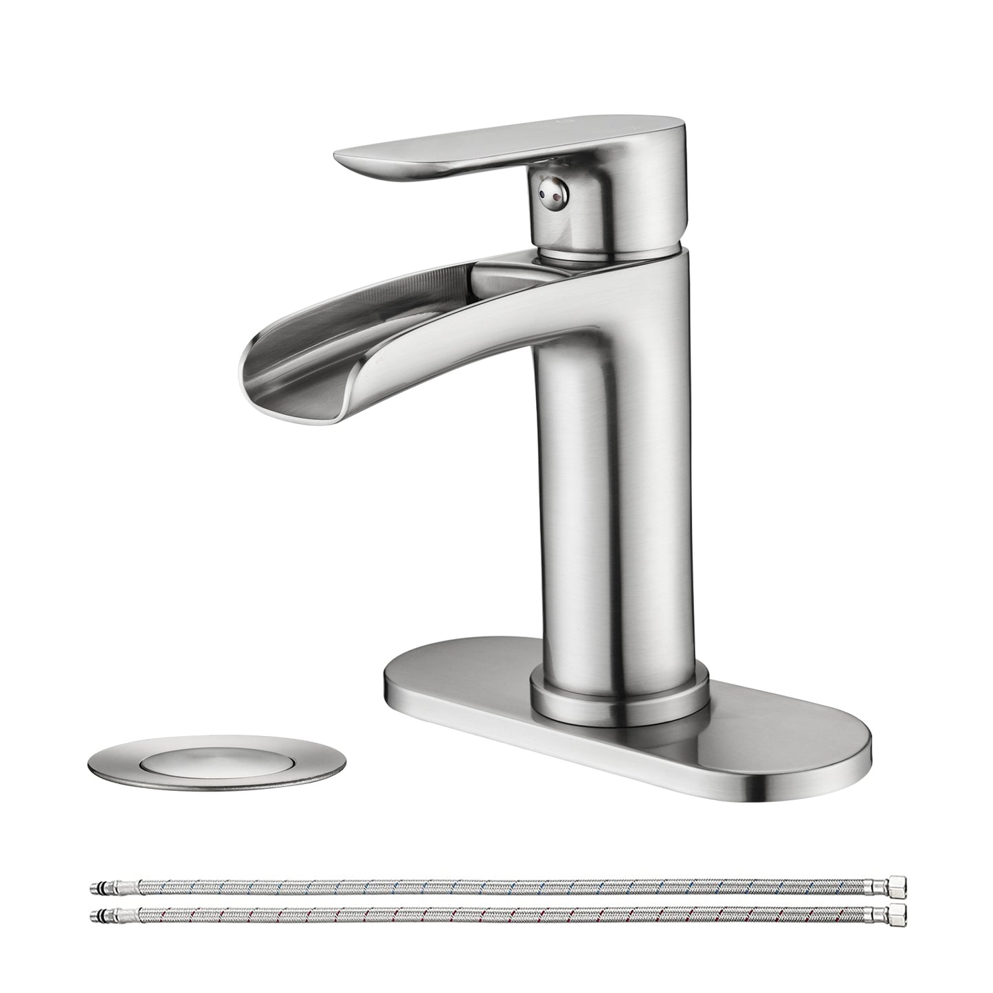 Bathroom Single Hole or Three Hole Waterfall Sink Faucet Brushed Nickel Single Handle with Deck Plate and Pop-up Drain W1224P225010