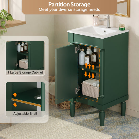 18" Bathroom Vanity with Sink, French Style Small Bathroom Vanity with Semi-Circular Column Design, Ceramic Sink with Overflow, Soft Close Door,Green
