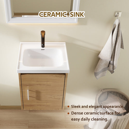 16" Floating Bathroom Vanity with Sink, Modern Wall Mounted Bathroom Vanity with Glossy White Ceramic Sink & Countertop, Soft Close Door, Plywood Storage Cabinet,Oak