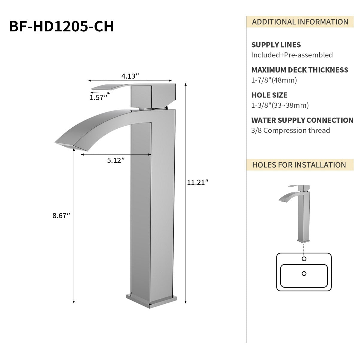 Bathroom Single Hole Vessel Sink Waterfall Faucet Chrome Single Handle B2724P262884