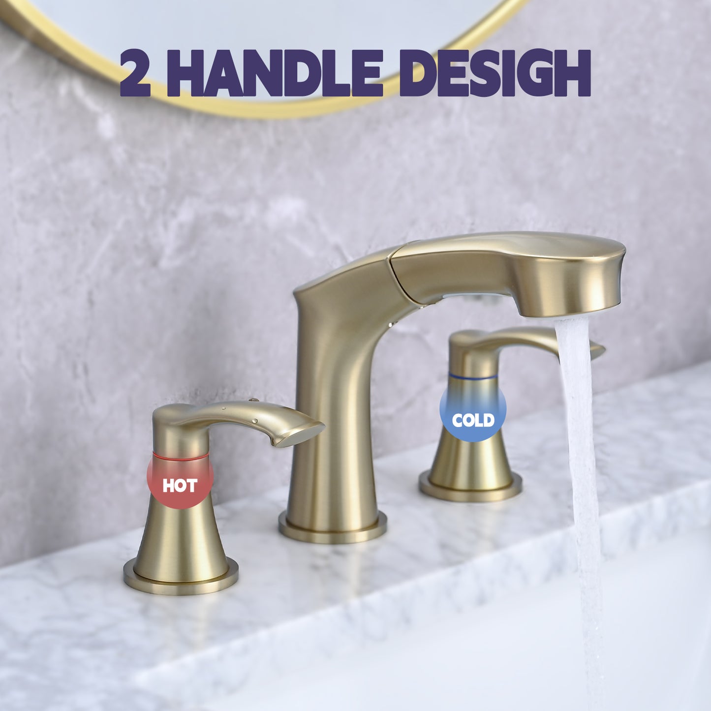 Bathroom Widespread Three Hole Pull-out Sink Faucet Brushed Gold Two Handles With Pop-up Drain W1224P185049