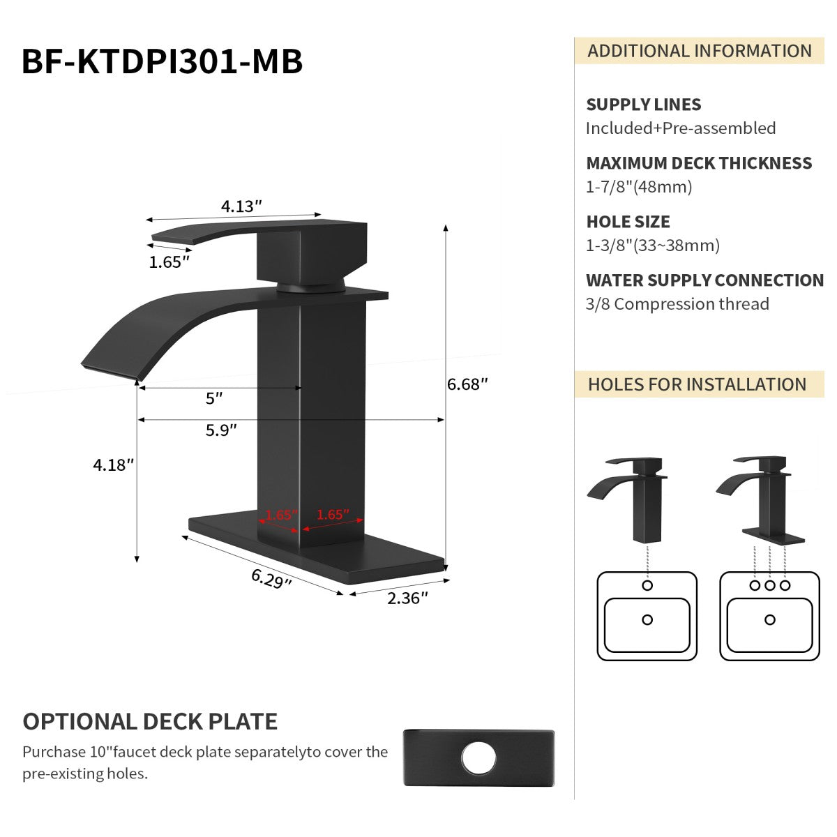Bathroom Single Hole or Three Hole Vessel Sink Faucet Matte Black Single Handle With Deck Plate B2724P257551