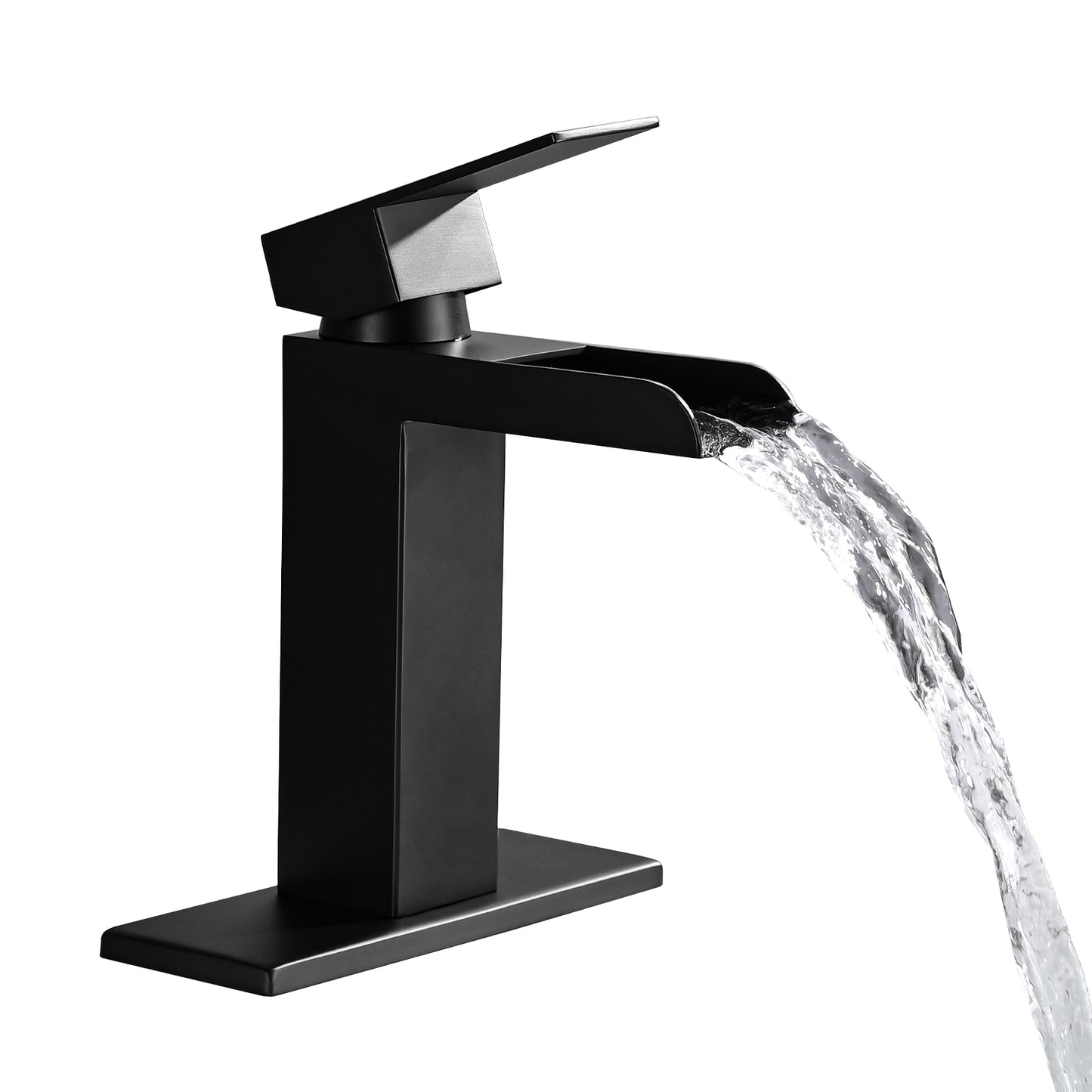 Bathroom Single Hole Three Hole Waterfall Sink Faucet Matte Black Single Handle with Deck Plate and Pop-up Drain W1224P224285