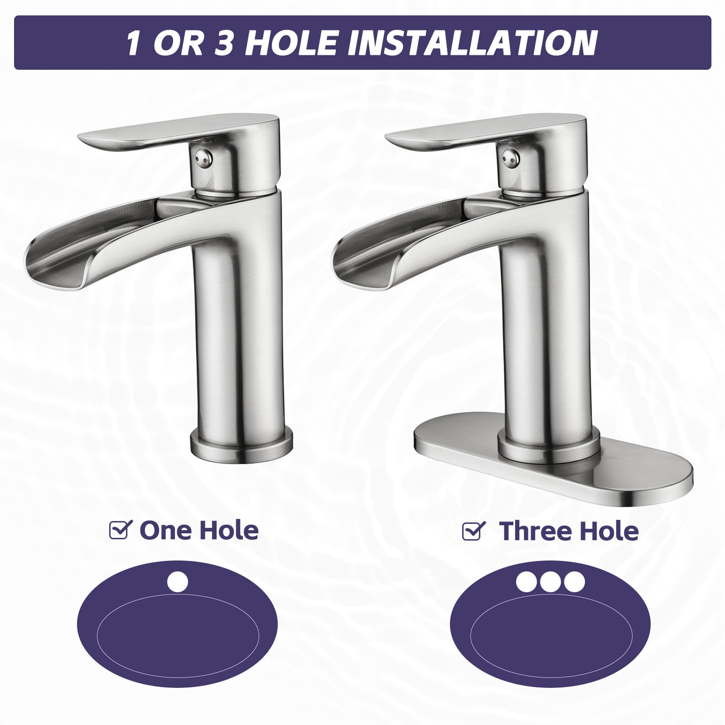 Bathroom Single Hole or Three Hole Waterfall Sink Faucet Brushed Nickel Single Handle with Deck Plate and Pop-up Drain W1224P225010