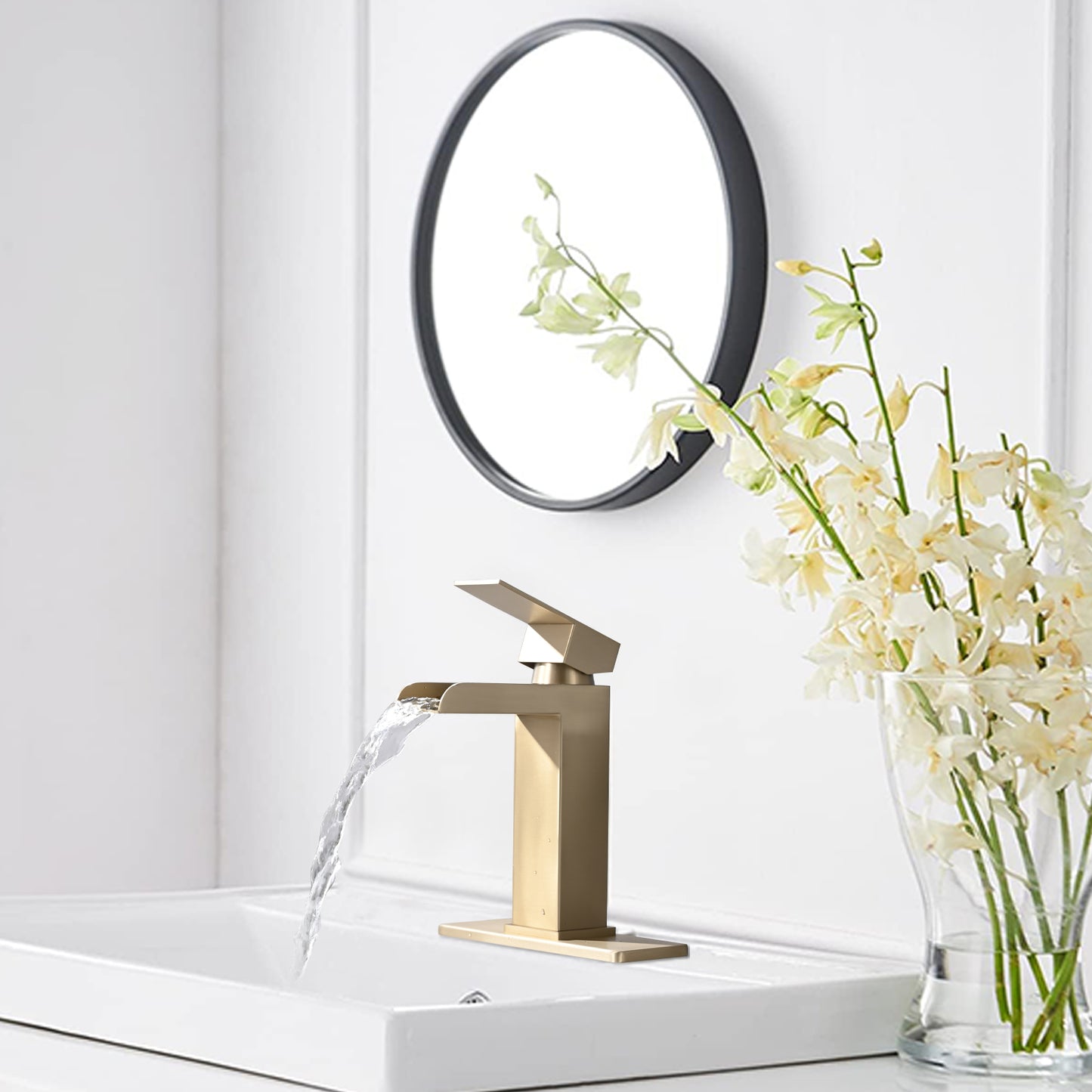 Bathroom Single Hole or Three Holes Waterfall Sink Faucet Brushed Gold Single Handle with Deck Plate and Pop-up Drain W1224P224288