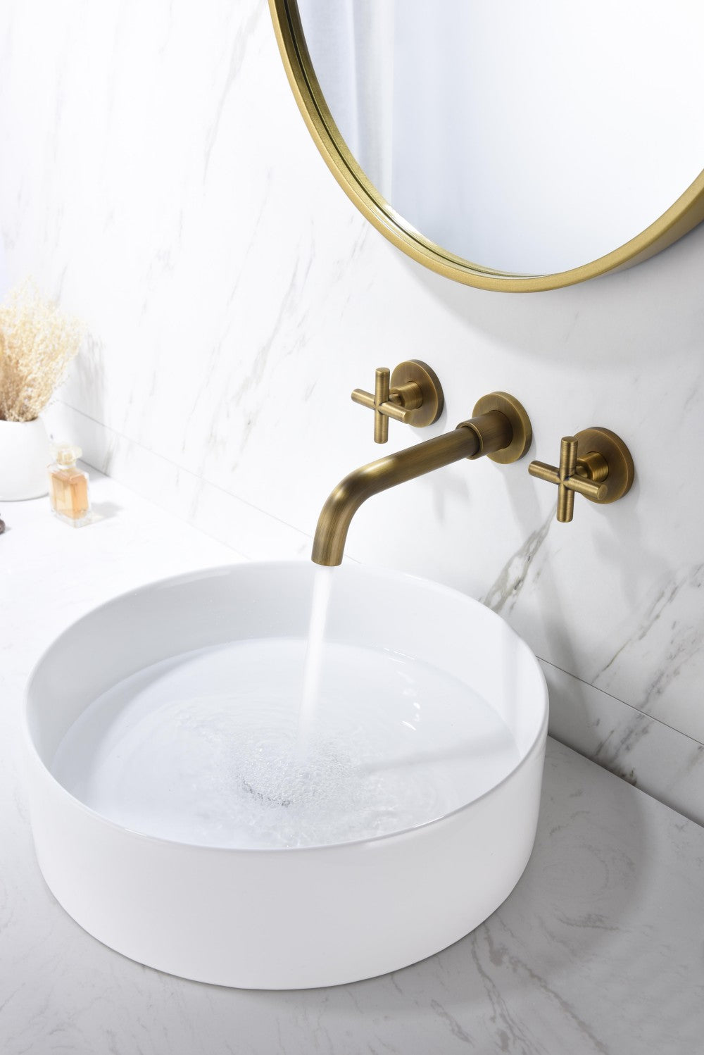 Bathroom Sink Faucet Brushed Bronze Double Handles Wall Mounted With Pop-up Drain W928P261533