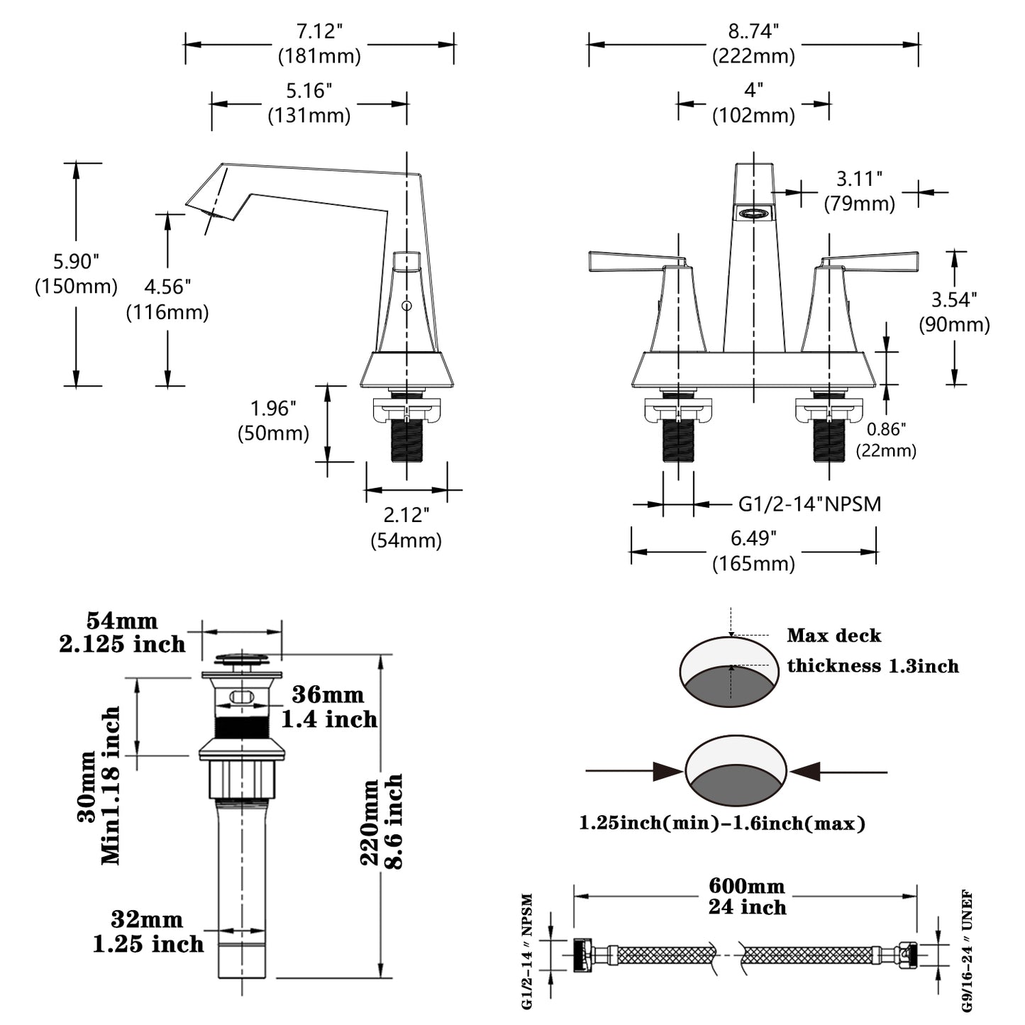 Bathroom Widespread Three Hole Sink Faucet Matte Black Two Handles With Pop-up Drain T3177P277478